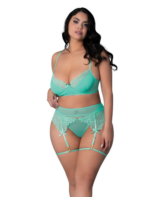 Demi Bra w/ Thong & Garters 3-piece Set (Carribean Crush)