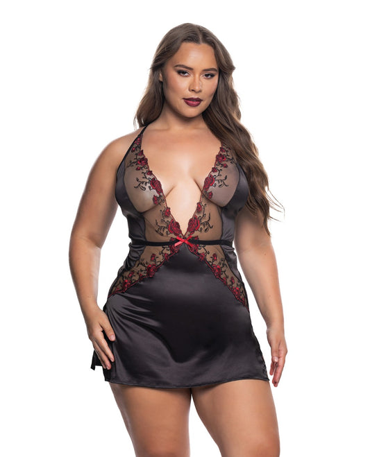 Blossom Beauty Embroidered Rose Lace Babydoll (Black/Red)