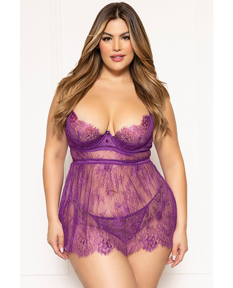 Floral Eyelash Lace Underwire Babydoll (Purple)