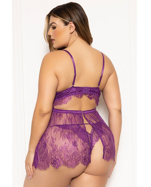 Floral Eyelash Lace Underwire Babydoll (Purple)
